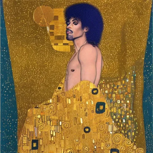 Image similar to a gold painting of Prince in the style ok Klimt. Lots of gold foil. So much gold. Gold color scheme.