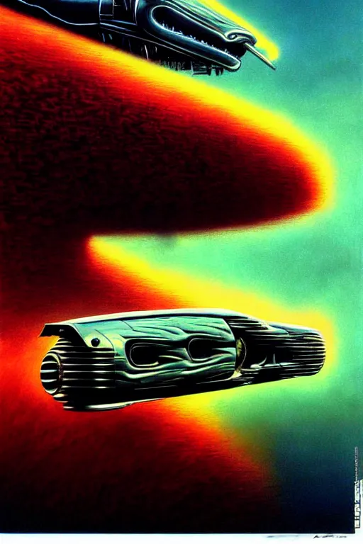 Image similar to a hyperrealistic painting of a sharp futuristic hotrod vehicle with chrome pipes and engine scoops shooting out fire, cinematic horror by chris cunningham, lisa frank, richard corben, highly detailed, vivid color, beksinski painting, part by adrian ghenie and gerhard richter. art by takato yamamoto. masterpiece