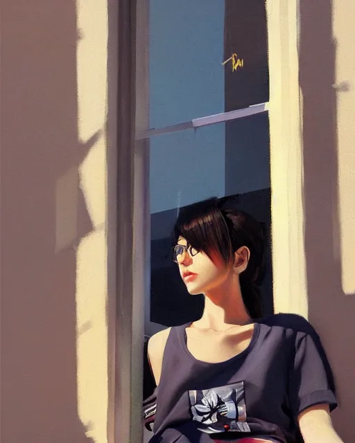 Prompt: A ultradetailed beautiful panting of a stylish woman sitting next to a window, she is wearing streetwear, bright sunny day, Oil painting, by Ilya Kuvshinov, Greg Rutkowski and Makoto Shinkai