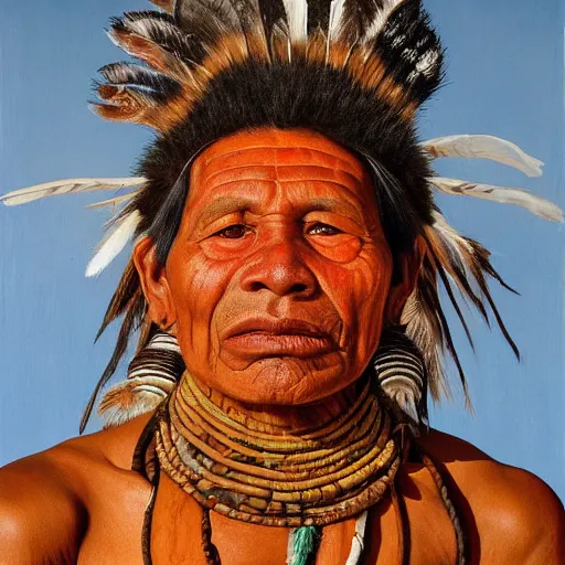 Image similar to high quality high detail painting by lucian freud, hd, full body of a indigenous tribe leader, photorealistic lighting