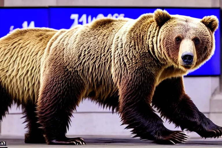 Image similar to literal grizzly bears screaming on the floor of the NYSE as the markets rally to all-time-highs, high definition color photograph