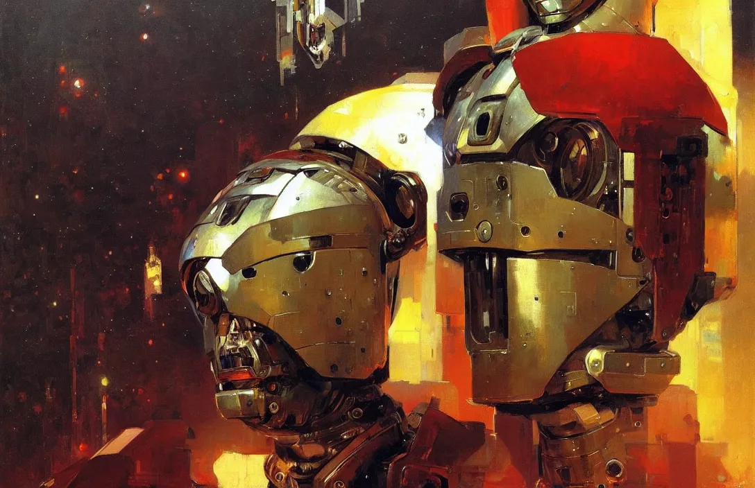 Image similar to portrait of futuristic space robot!!!!!!!!!!!!!!!!!!!!!!!!!!!, detailed face, detailed painting, epic lighting, by ilya repin, phil hale and kent williams