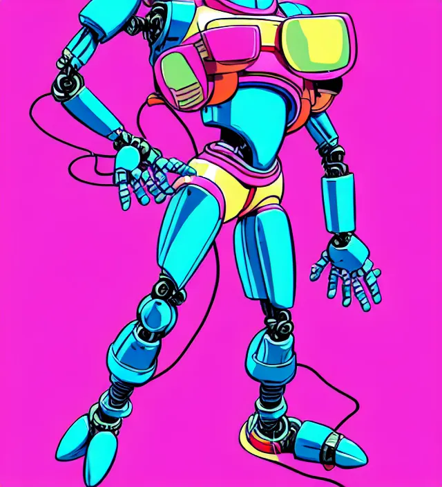 Prompt: retrowave robot girl protagonist, animation character design by akira toriyama, don bluth, jack kirby, action - adventure, sharp detail, artstation trending, conceptart. com