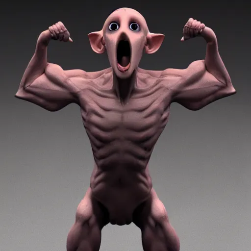 Image similar to 3d rendering of Dobby the House Elf as a screaming body builder, hd 4k