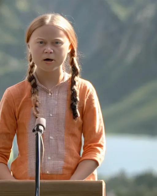 Image similar to film still close - up shot of greta thunberg giving a speech from the movie brokeback mountain. photographic, photography