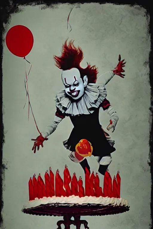 Prompt: a horror movie poster featuring Pennywise jumping out of a birthday cake