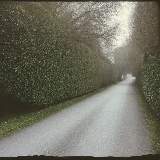 Image similar to Beautiful cameraphone, soft liminal Photograph of an estate road at early morning, hedge