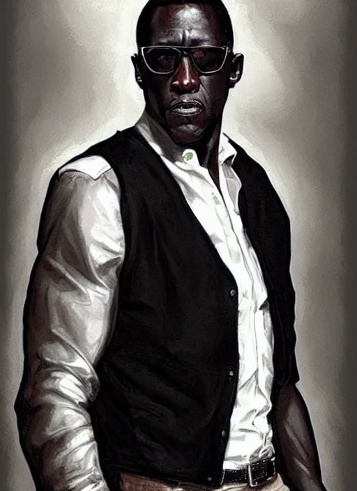 Image similar to wesley snipes as handsome man, wearing a simple black vest and white shirt, centered, digital painting, artstation, concept art, smooth, sharp focus, illustration, art by artgerm and donato giancola