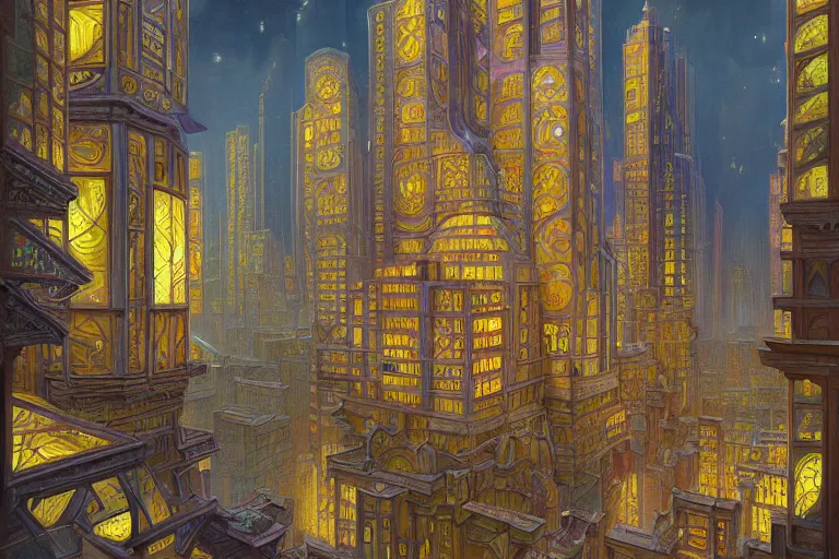 Image similar to beautiful painting of an art moderne city, glowing windows. reflective detailed textures, moth wings and flowering vines and brushed steel, highly detailed dark fantasy science fiction painting by donato giancola and peter mohrbacher and nicholas roerich and diego rivera, elaborate geometric ornament, silver and cool colors. artstation