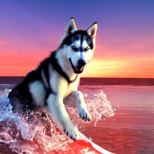 Prompt: a photorealistic photo of a husky surfing a wave in the sunset