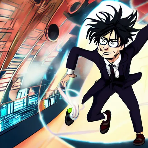 Image similar to the Tenth Doctor running towards the camera in the style of Boko No Hero Academia