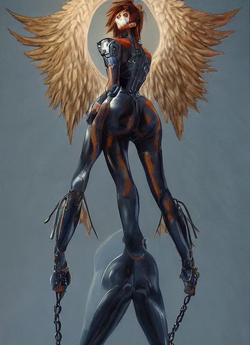 Image similar to full body artwork of tracer overwatch wearing leather collar in style of zdzisław beksinski, angel wings, dramatic painting, symmetrical composition, wearing detailed leather collar, black shiny armor, chains, black harness, detailed face and eyes,