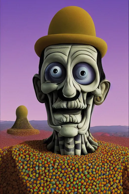 Image similar to Barry Chuckle, emperor of gravy skeletons. Neo-Andean architecture by Freddy Mamani. Painting by René Magritte, 3D rendering by Beeple, sketch by R. Crumb