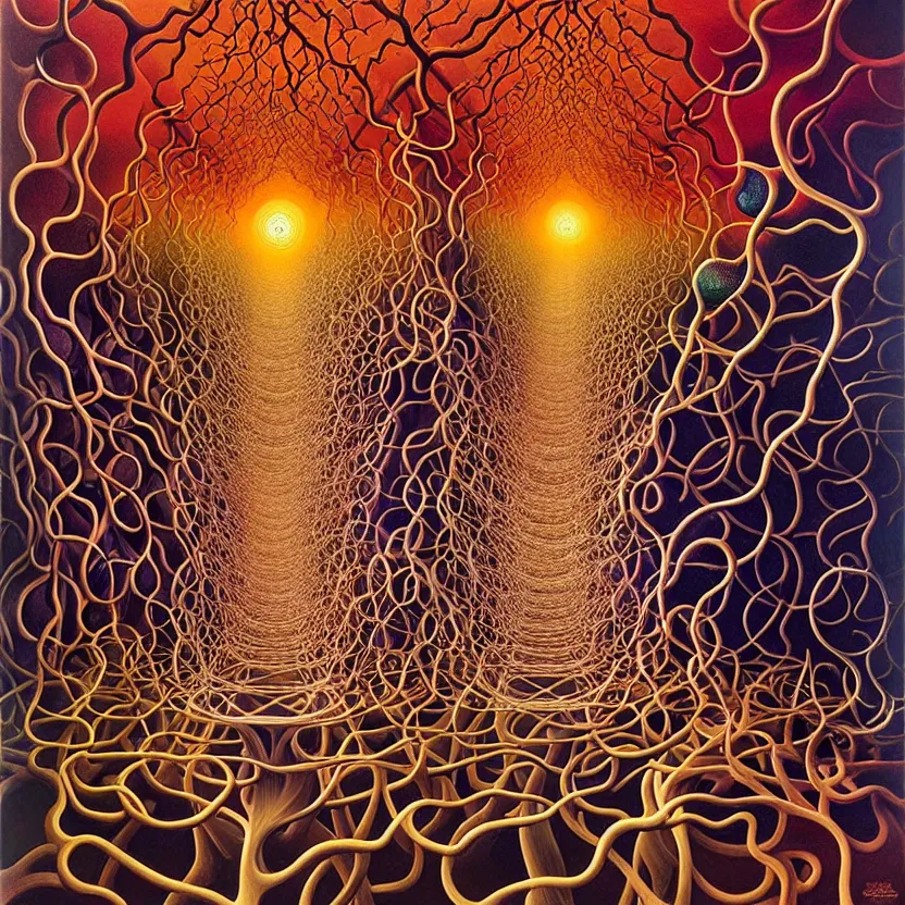 Image similar to infinite fractals of neuron cells, surreal, by salvador dali and mc escher and alex grey and zdzisław beksinski, oil on canvas, hd, dreams, intricate details, warm colors