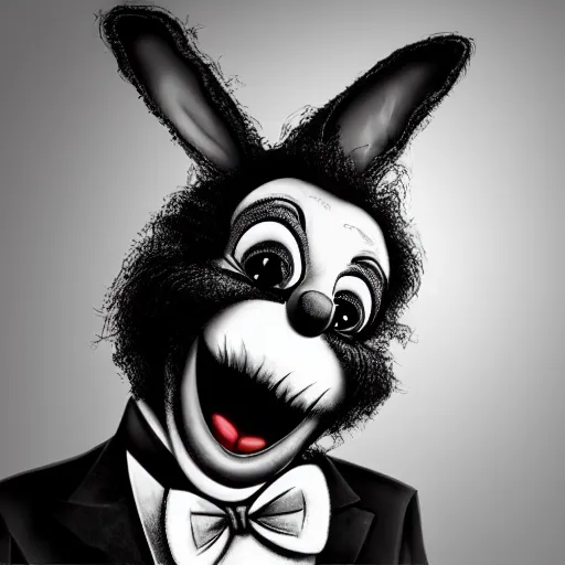 Image similar to A extremely highly detailed majestic hi-res beautiful, highly detailed head and shoulders portrait of a scary terrifying, horrifying, still of a creepy black cartoon clown rabbit in eraserhead with scary big eyes, earing a shirt laughing, hey buddy, let's be friends, in the style of Walt Disney animation