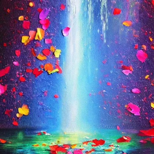 Image similar to waterfall with water full of broken mirror pieces and tiny colorful flower petals, bright saturated colors, scintillating lens flares and colorful sparks, trending on ArtStation, beautiful!!! stunning!!! waterfall, impressionistic oil on canvas