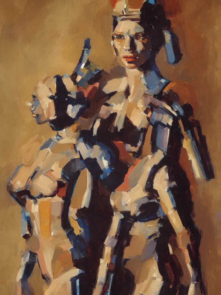 Image similar to a Royal portrait of chrome android woman as illustrated by Gregory Manchess. 1991. Oil on panel. Museum Quality Scan.