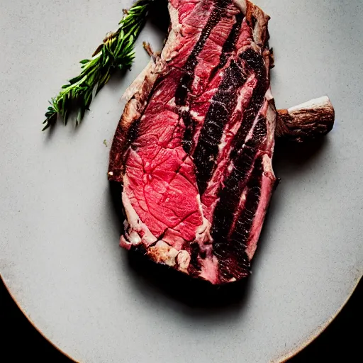 Prompt: photo of a expensive tomahawk steak, beautifully lit, food photography, 35mm, f/1.3, award winning, in the style of dennis prescott
