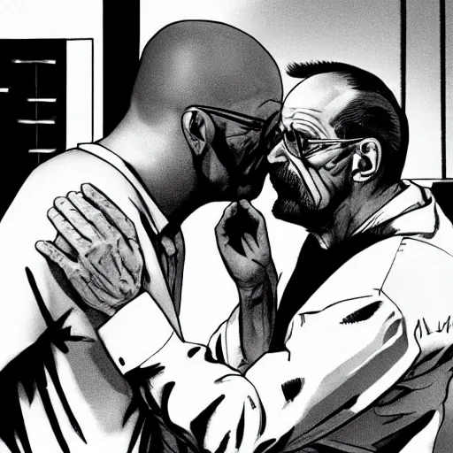 Image similar to Walter white kissing Micheal morbius