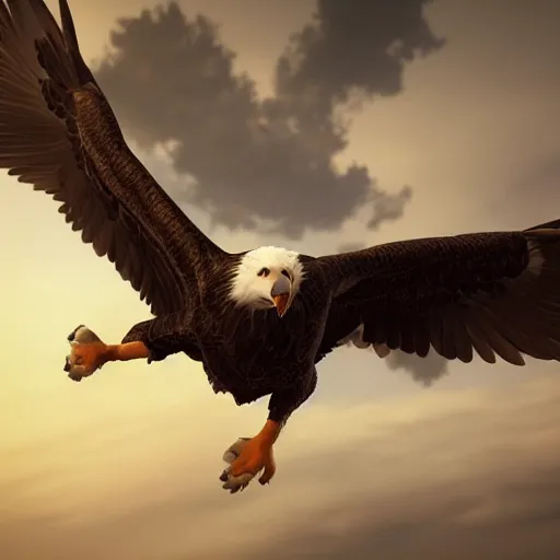 Image similar to a dog flying with a bald eagle, photorealistic, highly detailed, patriotic, trending on artstation