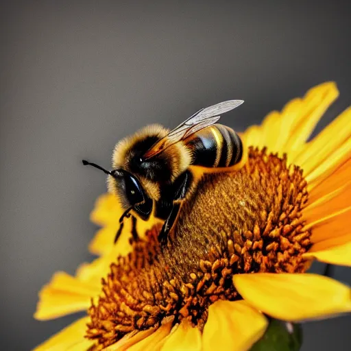 Image similar to an extreme close - up portrait of a bee on a flower, photographic filter, unreal engine 5, realistic, hyperdetailed, 8 k, cinematic, volumetric lighting, very realistic effect, hd, hdr, 4 k, sharp focus, octane render, ultra detailed, high resolution, trending on artstation in the style of albert dros glowing rich colors powerful imagery