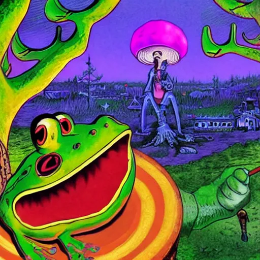 Image similar to a centered chest up portrait of a psychedelic demonic anthropomorphic frog smoking a hand - rolled cigarette smoking heavily, magic mushroom village in background. award winning. superb resolution. in the art style of junji ito and greg rutkowski. detailed mushroom city in background. hyper realistic anime. perfect art. dalle 2