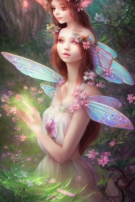 Image similar to a cute fairy in the dreamy forest, fantasy, 8 k resolution, hyper detailed, d & d, character design, digital painting, trending on artstation, sharp focus, illustration, art by artgerm, steve zheng, fuji choko, viktoria gavrilenko, hoang lap