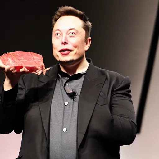 Image similar to elon musk holding a piece of meat, offering it to you