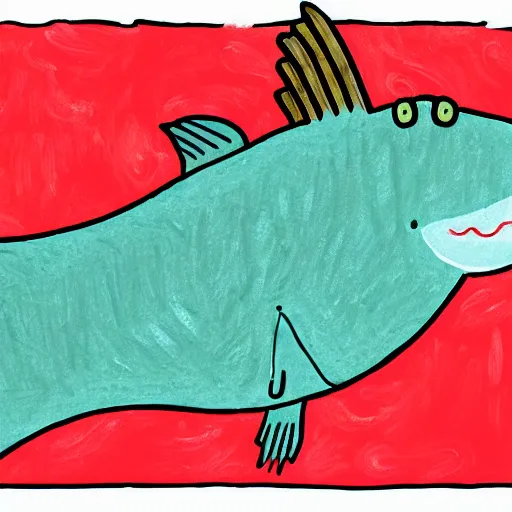 Image similar to illustration of a anthromorphic catfish giving a thumbs up in the style of bojack horseman, by lisa hanawalt