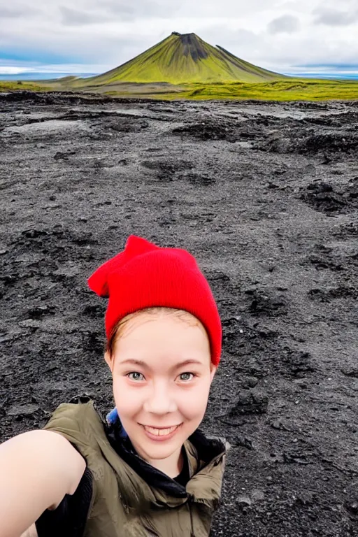 Image similar to girl taking selfie, blurred background, in front of icelandic volcano