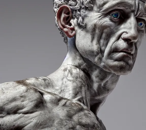 Image similar to a hyper-detailed marble status of Julius Ceasar by Michelangelo; anatomically correct; an extraordinary masterpiece!!!; proud posture; photorealistic eyes; trending on artstation; f/1.4; 90mm