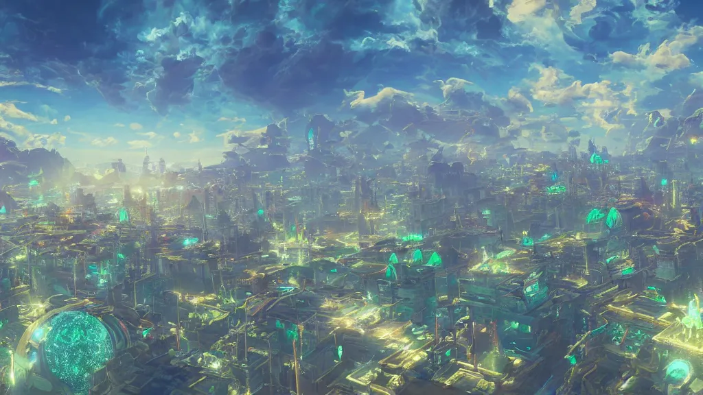 Prompt: a colossal floating multi-level city hovering in the sky, art deco, beautiful fantasy painting, breath of the wild, vibrant colors, magical dream-like atmosphere, cinematic lighting, hyperdetailed, 3D matte painting, 8k ultraHD, octane render