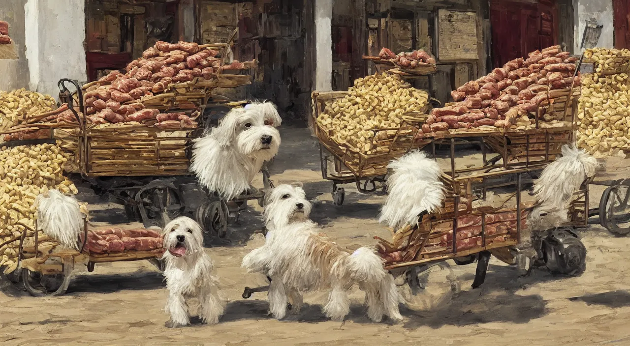 Image similar to a scene of a havanese dog next to a large cart piled high with sausages and ham, a large cream - colored havanese dog looks at the cart, outside a hacienda in cuba, 1 9 0 0, tartakovsky, atey ghailan, goro fujita, studio ghibli, rim light, mid morning lighting, clear focus, very coherent