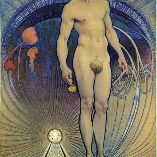 Image similar to an average man with his briefcase by Jean Delville, Amano and Yves Tanguy and Alphonse Mucha and Ernst Haeckel and Edward Robert Hughes and Roger Dean,