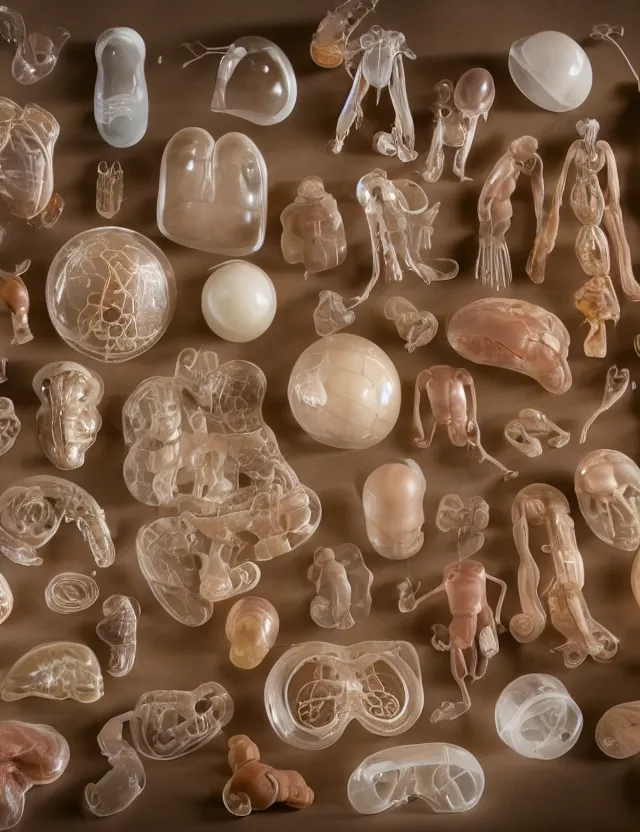 Prompt: a well - lit studio photograph of various earth - toned plastic translucent artificial organs, some wrinkled, some long, various sizes, textures, and transparencies, beautiful, smooth, detailed, intricate internal anatomy model