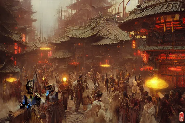 Prompt: wuxia, steampunk city, painting by gaston bussiere, craig mullins, j. c. leyendecker