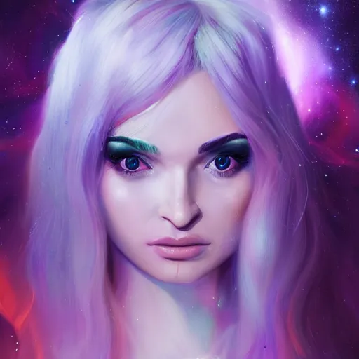 Prompt: an ethereal portrait of kim petras out of this world as part of the fabric of the universe and existence, galaxies, stars, nebulas, artstation trending, cgsociety, instagram