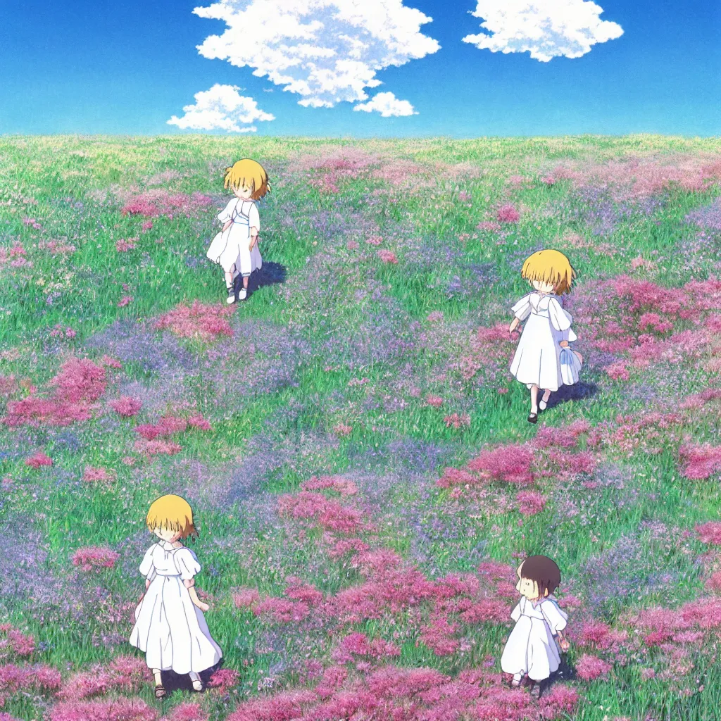 Prompt: little girl in princess dress, walking alone through a field of flowers, puffy clouds, beautiful, summer, calm, studio ghibli, art by hayao miyazaki, makoto shinkai