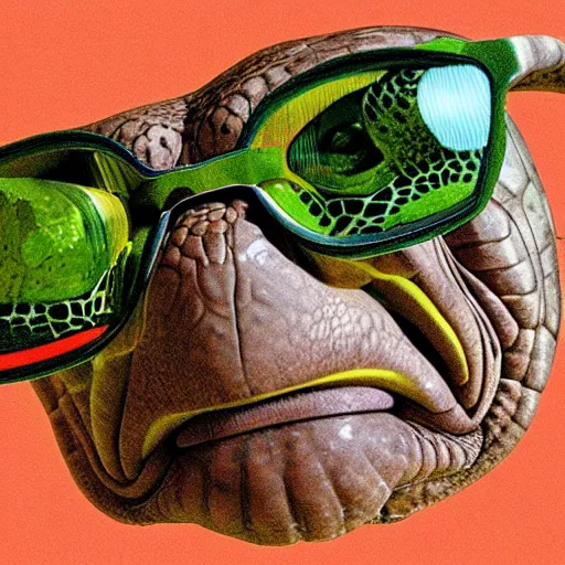 Prompt: portrait of a turtle wearing 3d glasses