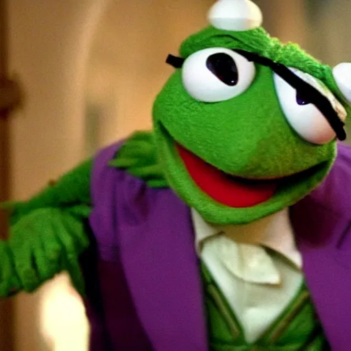 Prompt: Kermit the Frog from Sesame Street as the Joker in The Dark Knight (2008)