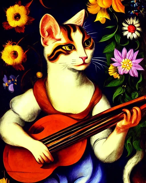 Prompt: baroque portrait of a anthropomorphic cat playing a lute, garden with flowers, bright, digital art, dnd character, award winning, by franz marc