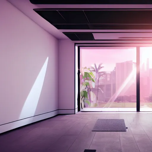 Image similar to a white empty pink office with sun rays looming down, with a pool inside, dynamic lighting, photorealistic concept art, trending on art station, stunning visuals, creative, cinematic, ultra detailed, ray tracing