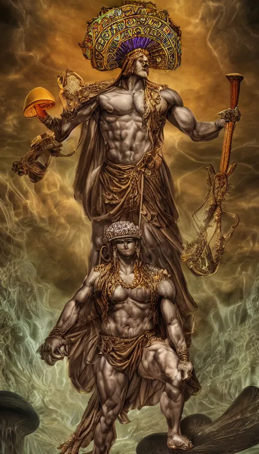 Image similar to a masterpiece hyperdetailed dnd tarot card, magnificent mushroom deity as depicted in a colossal greek marble statue ( with godlike bodybuilder physique ), hd tarot card depicting monumental statue of a mushroom god with cute large mushroom hat, hdr, 8 k, artstationhq, digital art