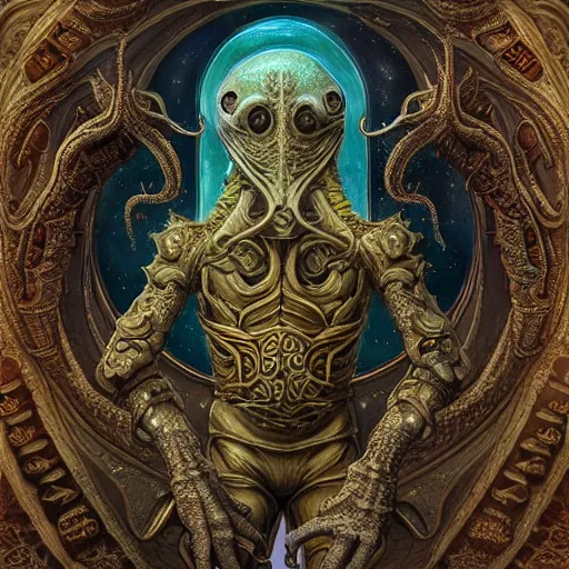 Prompt: a beautiful rendition of astronaut cthulhu, insanely detailed and intricate, golden ratio, hypermaximalist, elegant, ornate, luxury, elite, horror, creepy, ominous, haunting, matte painting, cinematic, cgsociety, james jean, brian froud, ross tran