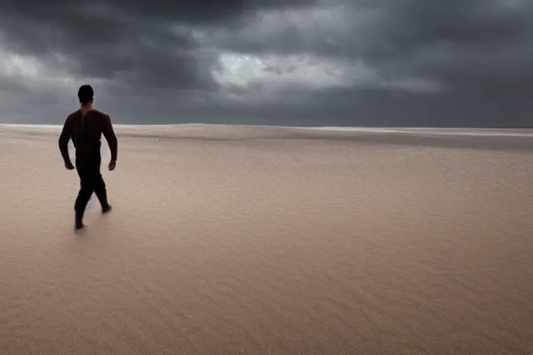 Prompt: a cinematic wide angle shot of a man in his early twenties walking on the sand towards the camera with his head down, sea behind him, in the 2 0 2 1 movie dune, the sand is in the form of a wave, stormy weather, dry, film still, cinematic, dramatic lighting, by zack snyder