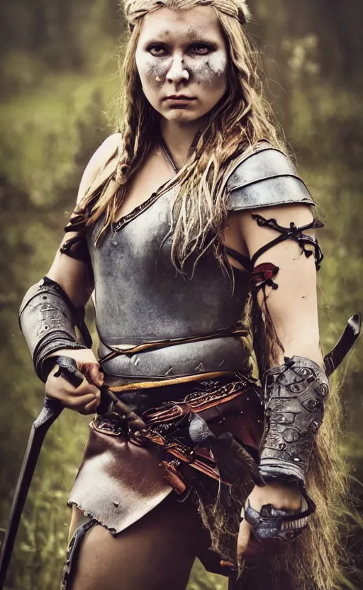 Image similar to photorealistic 3/4 photograph of beautiful female viking warrior with large sad gray eyes, bloody, cinematic, 28mm