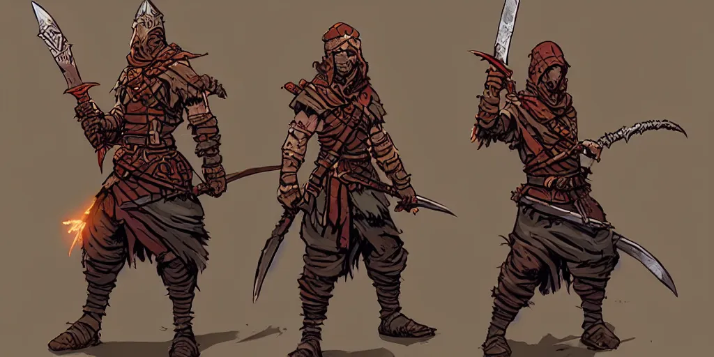 Image similar to warrior character design, idle pose, colored, sword, sprite, darkest dungeon, pc game, sideview, art by moebius and greg rutkowski.