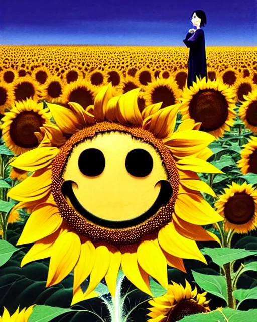 Prompt: sunflower with a smiley face in the central, cinematic, dramatic, powerful, super detailed and intricate, by koson ohara, by darwyn cooke, by greg rutkowski, by satoshi kon