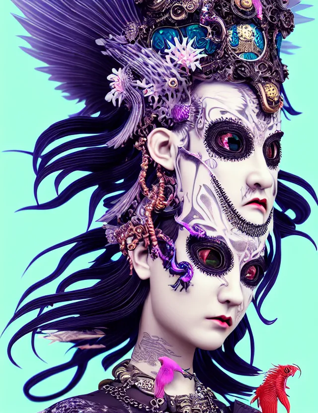 Image similar to 3 d goddess close - up profile portrait punk with mohawk in victorian style with ram skull. beautiful intricately detailed japanese crow kitsune mask and clasical japanese kimono. betta fish, jellyfish phoenix, bio luminescent, plasma, ice, water, wind, creature, artwork by tooth wu and wlop and beeple and greg rutkowski