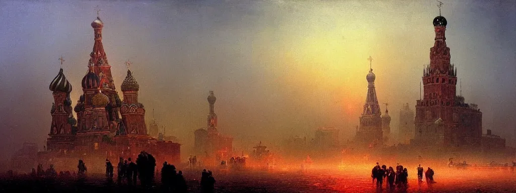 Prompt: alien predator on moscow red square. extreme long shot. post-apocalyptic art by Aivazovsky. high detail